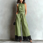 Halter Neck Lace-Trim Wide Leg Belted Jumpsuit