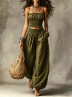 Smocked Crop Top Wide Leg Two-Piece Pants Set
