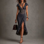 Lace Corset Ruched Ruffle Slit Midi Dress