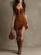 Fringe Zip-Front Halter Mini Dress