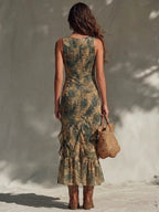 Palm Print Ruffle Ruched Slit Maxi Dress
