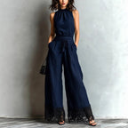 Halter Neck Lace-Trim Wide Leg Belted Jumpsuit