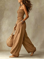 Smocked Crop Top Wide Leg Two-Piece Pants Set