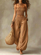 Smocked Crop Top Wide Leg Two-Piece Pants Set