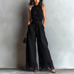 Halter Neck Lace-Trim Wide Leg Belted Jumpsuit