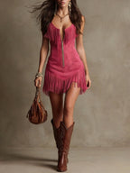 Fringe Zip-Front Halter Mini Dress