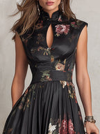 Violetta - Black Midi Dress in Pleated Satin with Floral Pattern and Keyhole Neckline