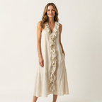 Vicky | Ruffle-Front V-Neck Sleeveless Linen Maxi Dress